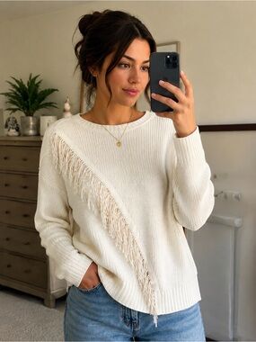 Cream fringe knit sweater by A Love Story in size XL.